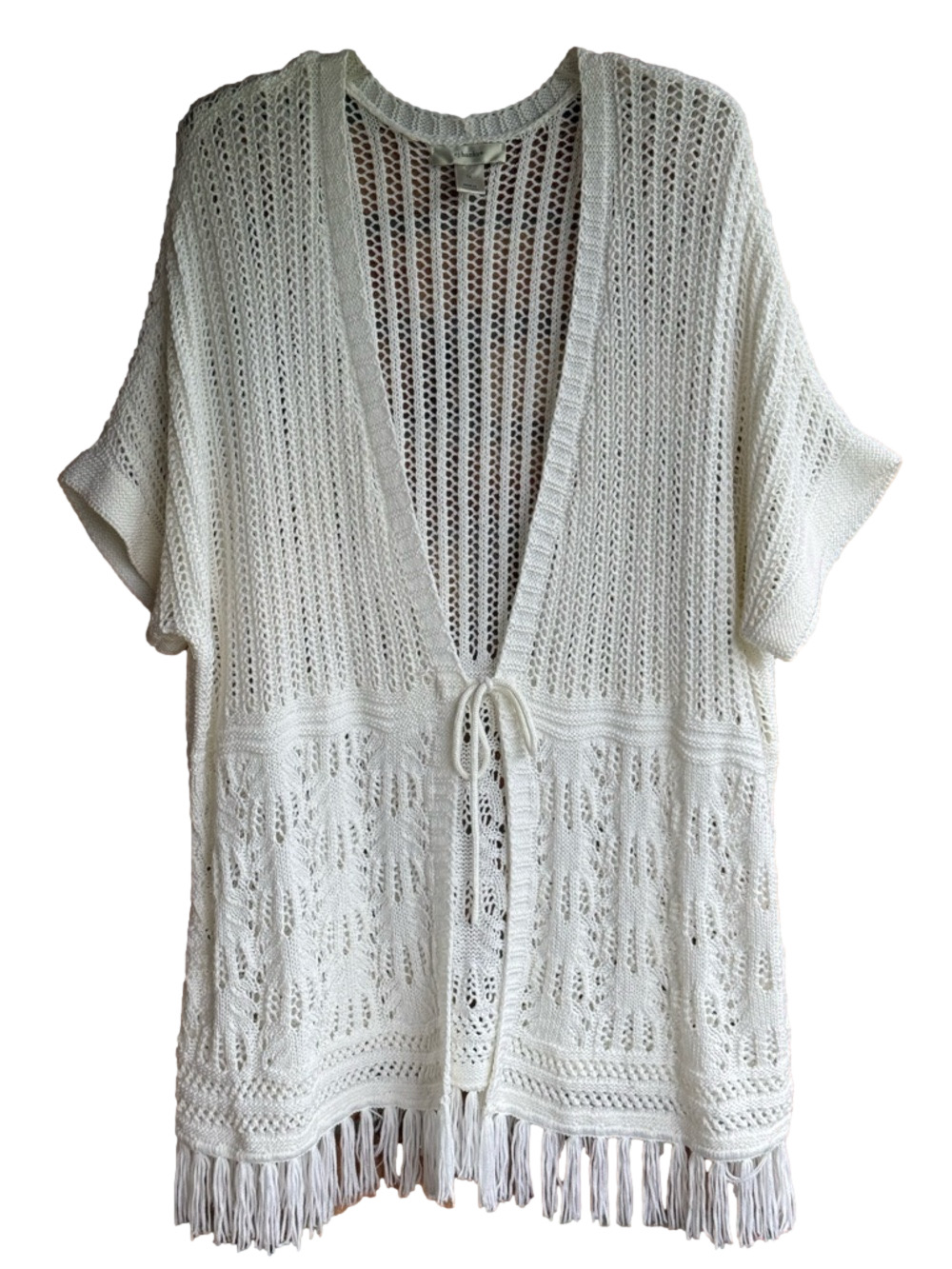CJ Banks White Tie Front Crochet Knit Fringe Cardigan 1X Beach Cover Up Boho